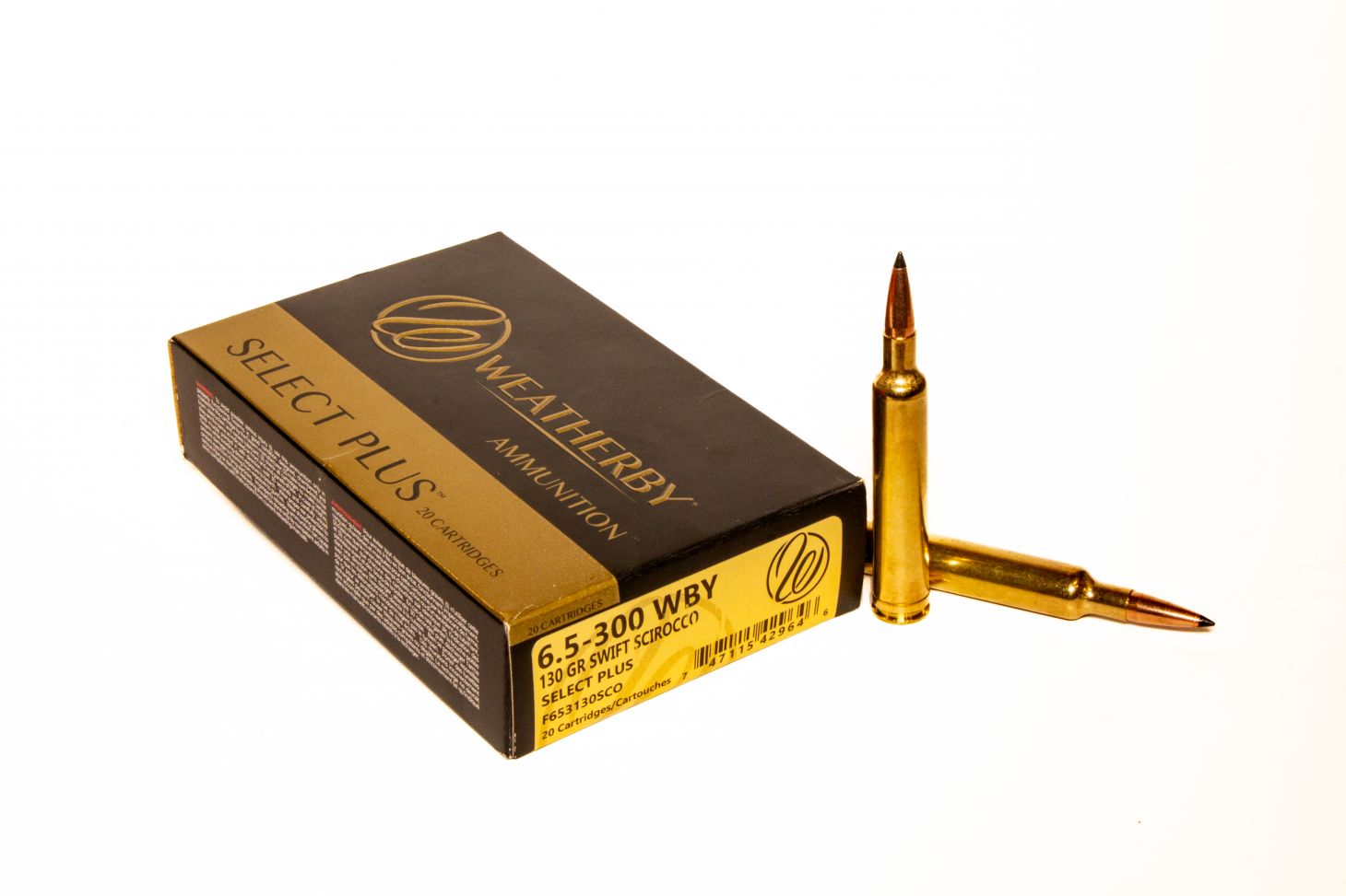 Weatherby 6.5-300 ammo on a white background. 