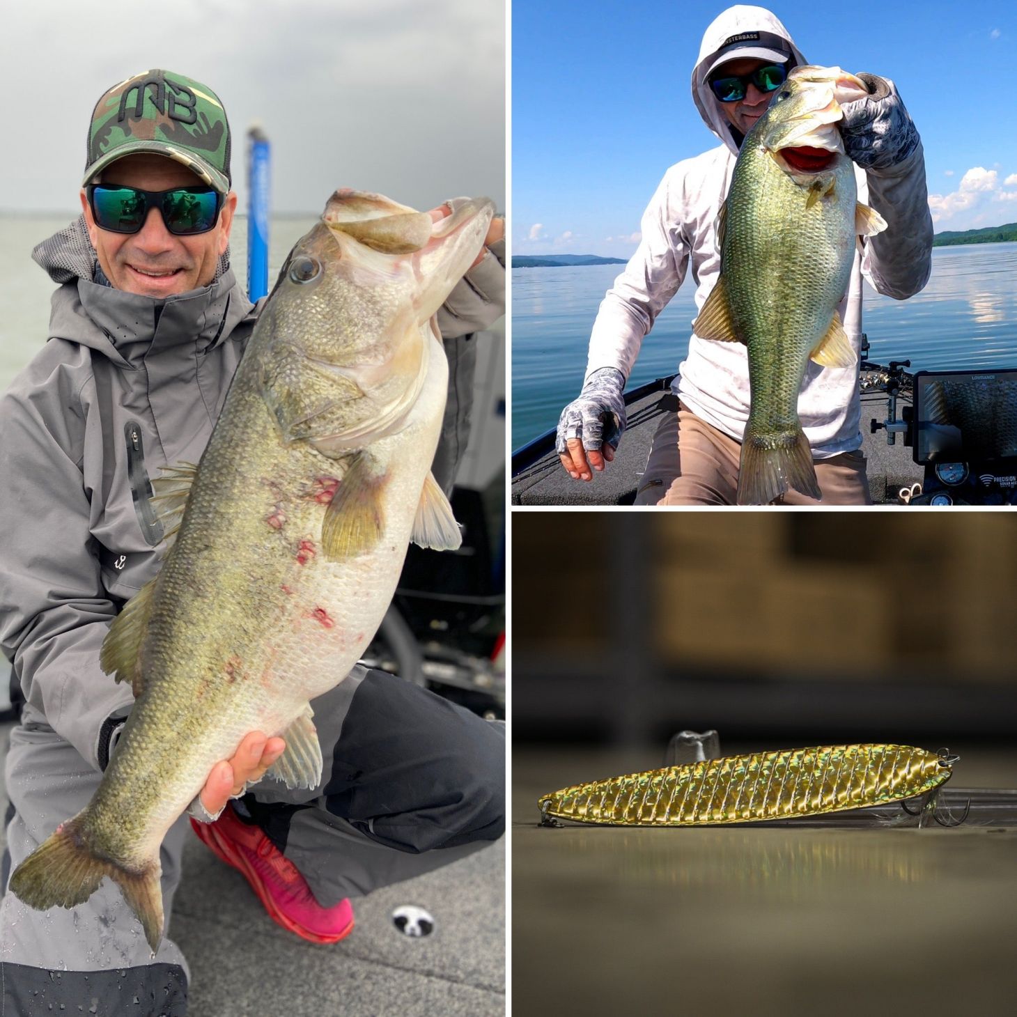 From left counter clockwise: Meisenheimer with a giant bass; a gold flutter spoon, Meisenheimer with another big bass. 