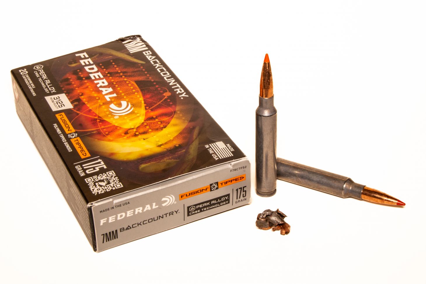 Federal 7mm Backcountry ammo on a white background. 