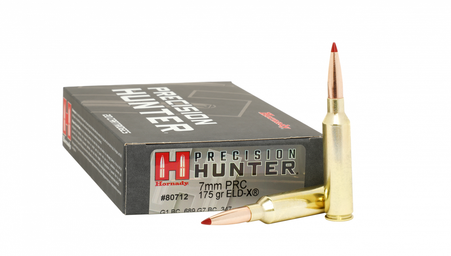 Hornady Precision Hunter 7mm PRC ammo 175-grain ELD-X on a white background. 