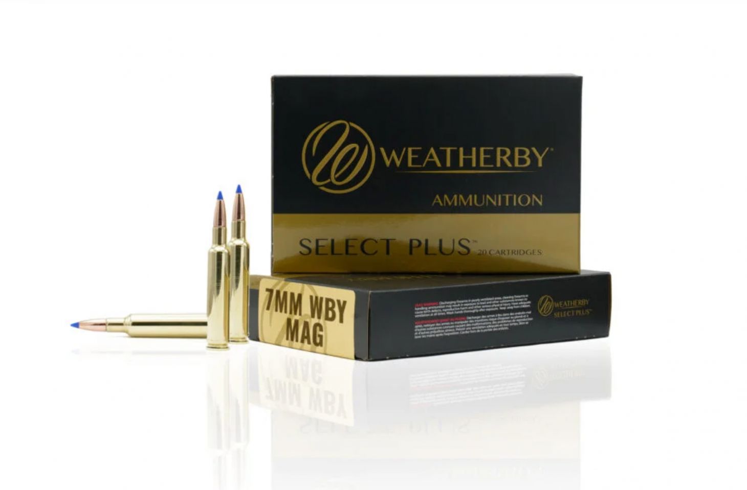 7mm Weatherby Mag 150-grain Swift Scirocco ammo on a white background. 