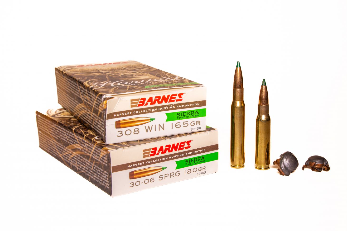 Barnes Harvest Collection ammo in 308 and 30-06 on a white background. 
