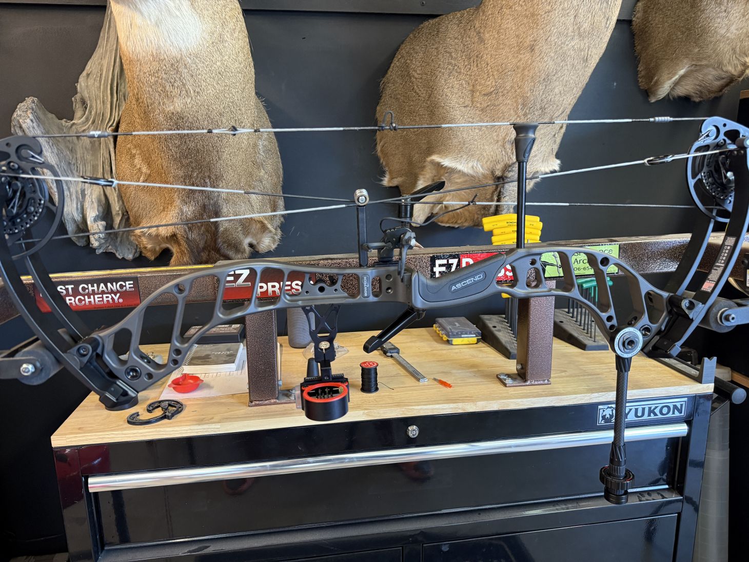 The new Bowtech Ascend bow in a bow vice. 