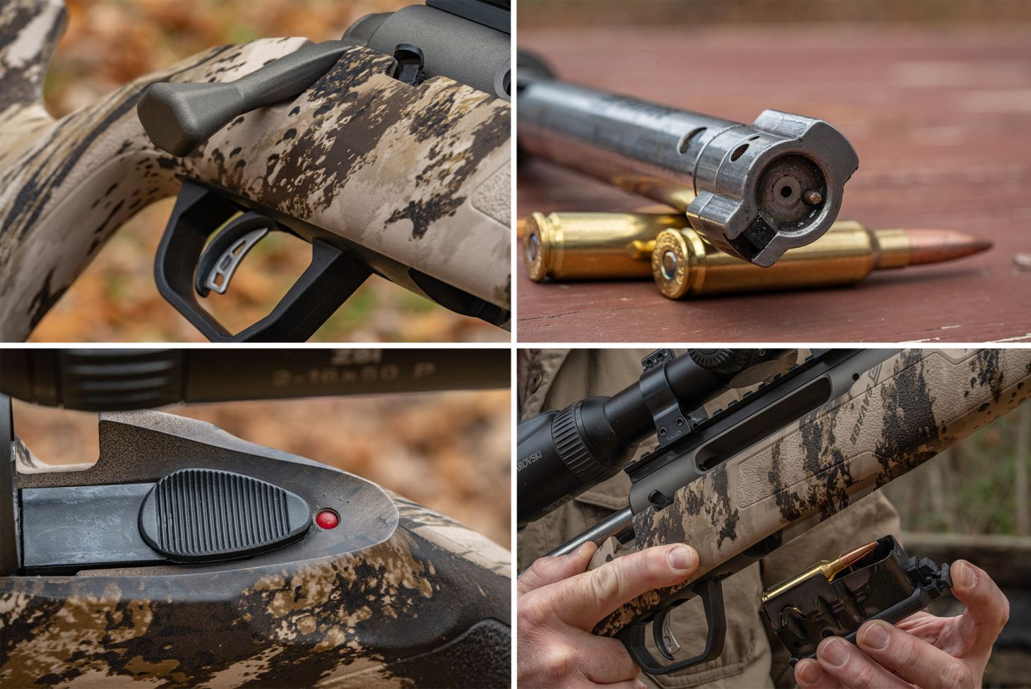 Closeup photos of the Savage Axis 2 Pro's bolt handle, bolt face, safety, and detachable magazine. 