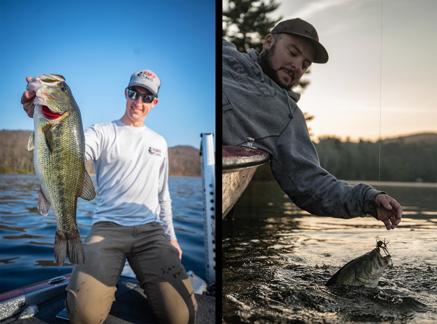 side by side photo of anglers holding bass