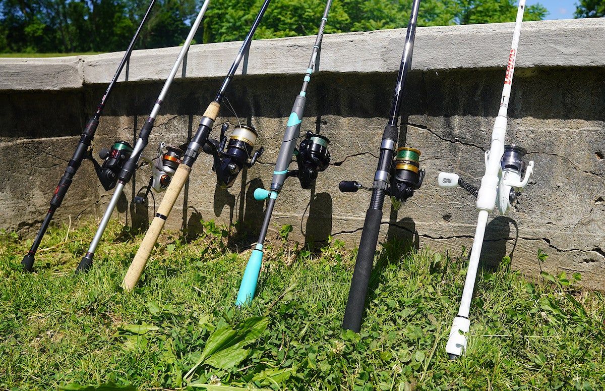Spinning rod and reel combos lined up during testing