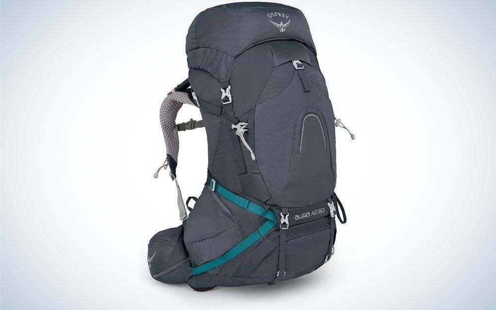 A backpack with a gray color and a bright blue line with gray wings on the back and a large pocket with a zipper on the front.