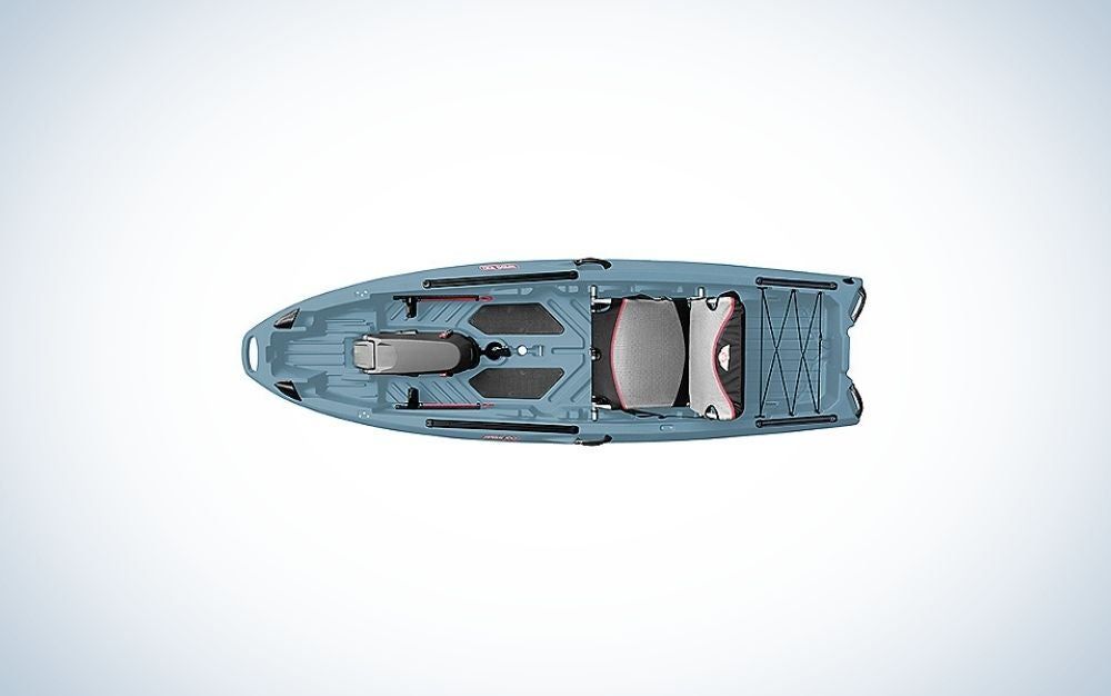 A kayak in light blue color in the body and black on the place where you can sit captured from the front.
