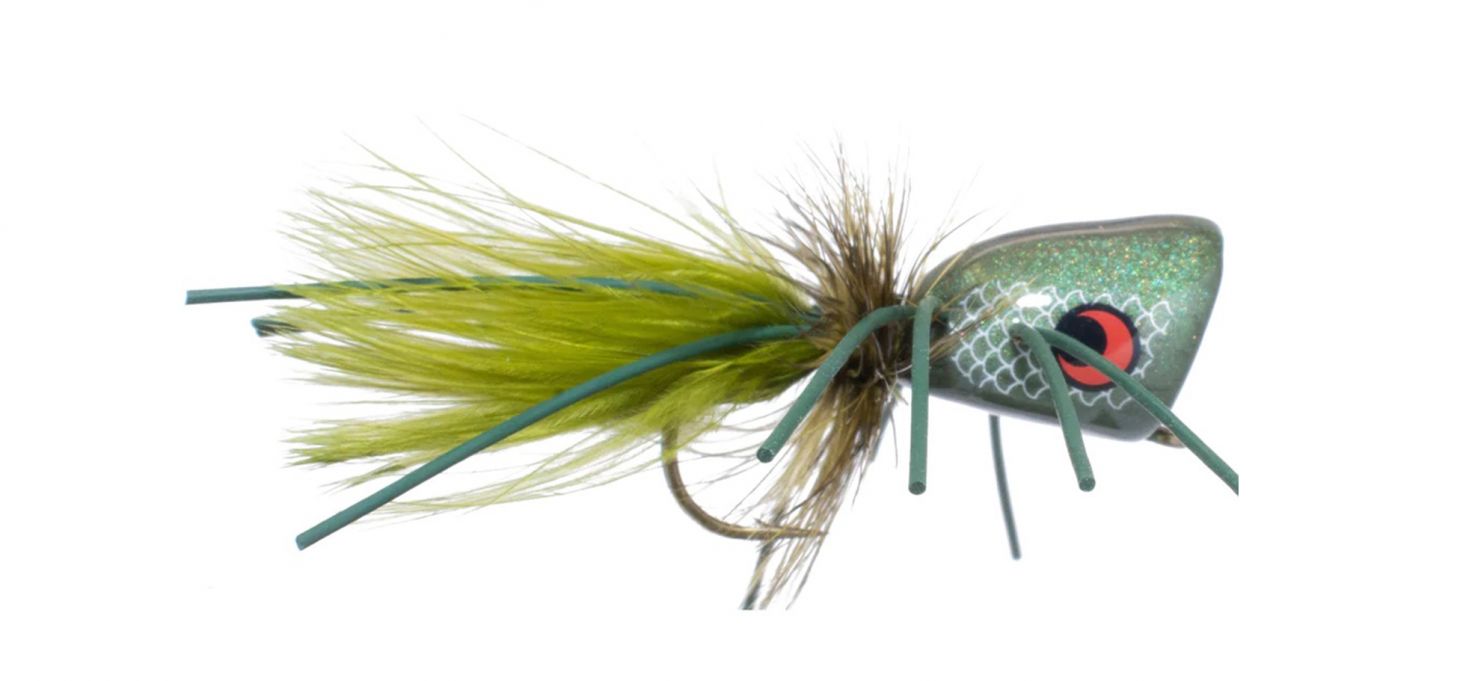 A Boogle Bug popper fly on a white background.