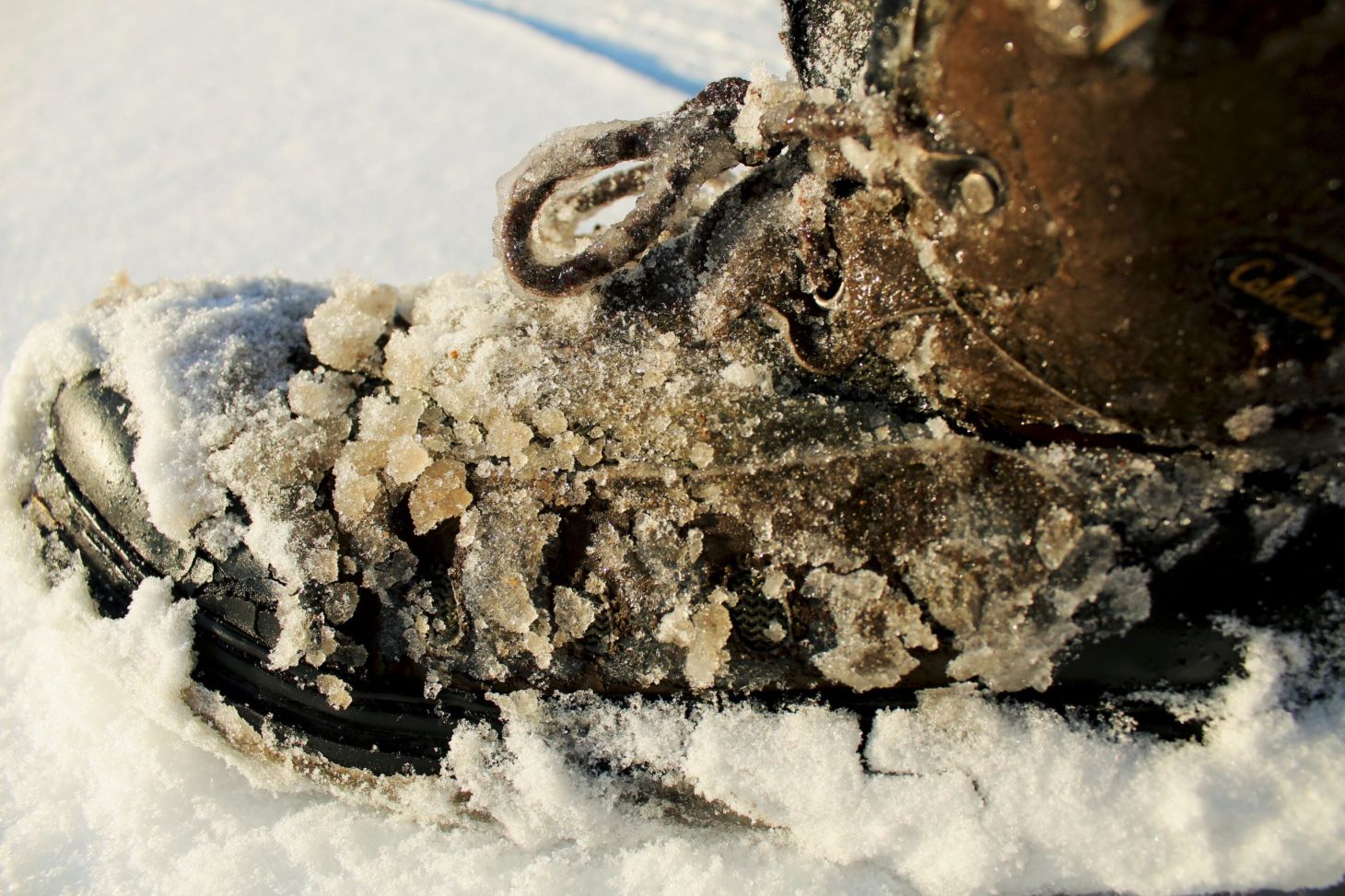 Close-up of angler wearing wading boots in ice and snow