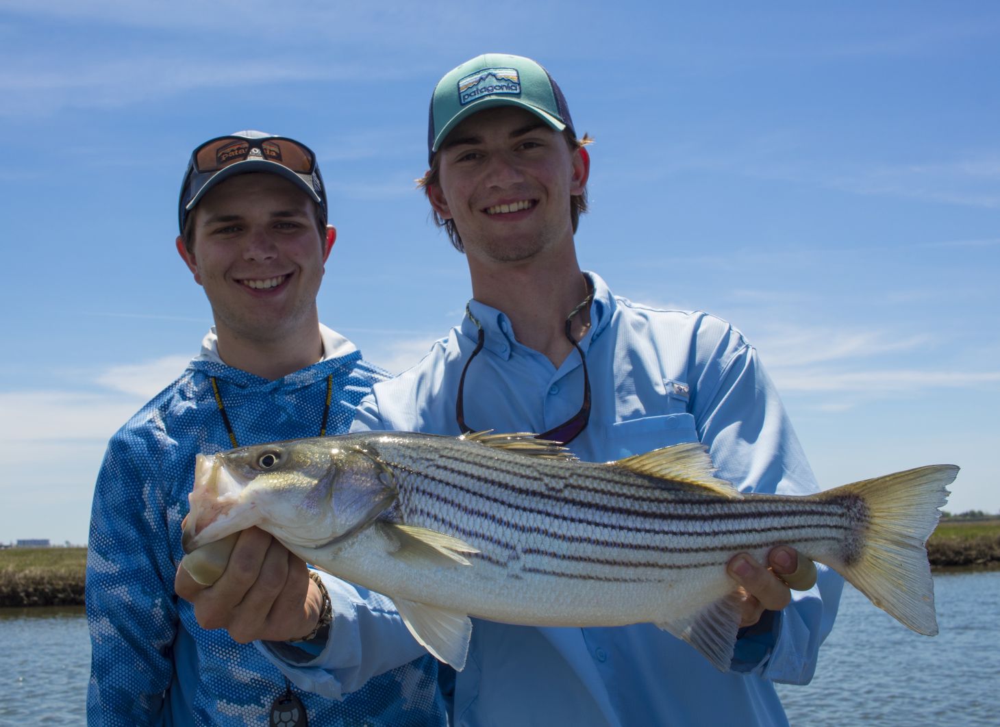Two anglers hold up a striped bass