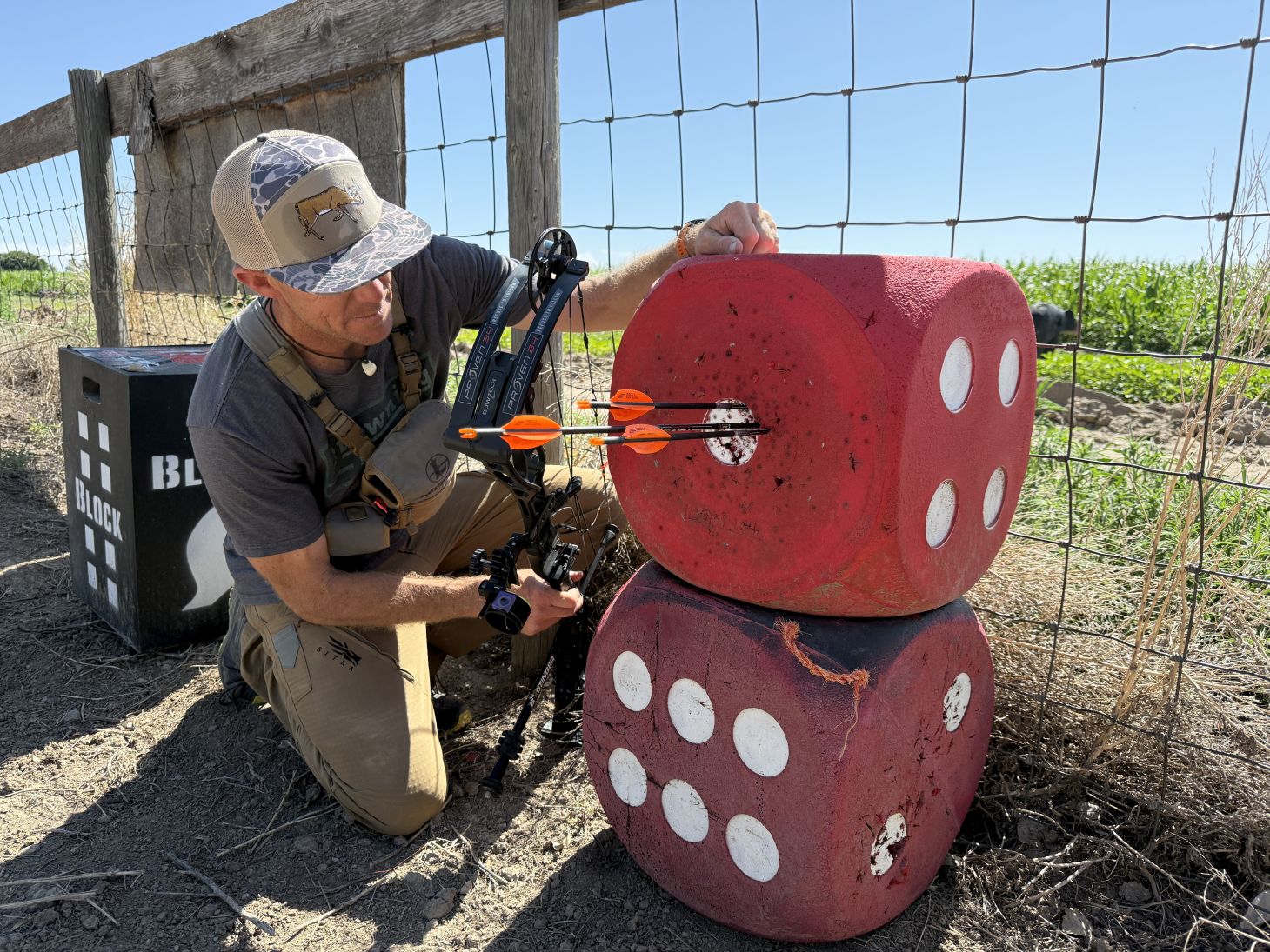 An archer admires a group of arrows shot into a block target. 