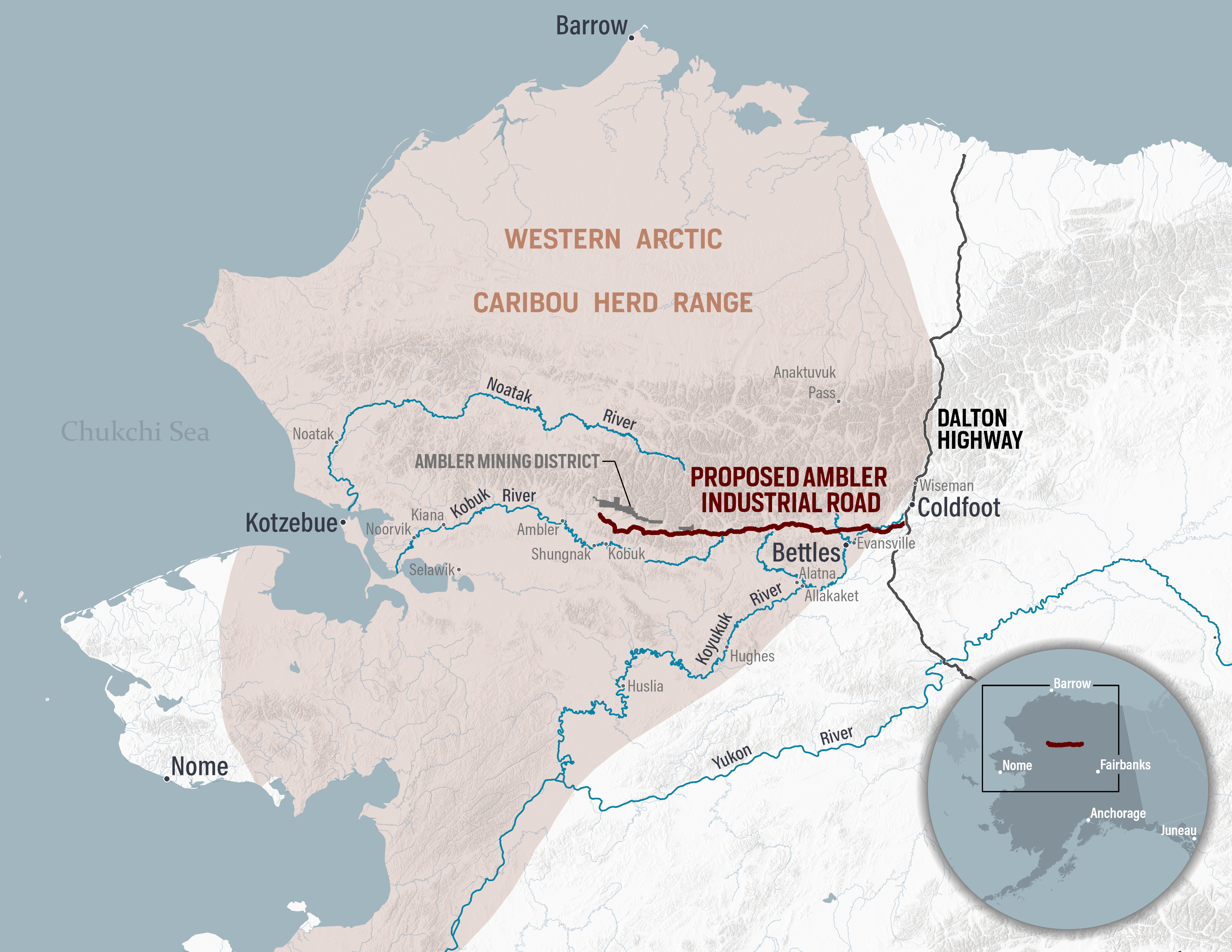A map of a proposed mining road through Alaska's Brooks Range.
