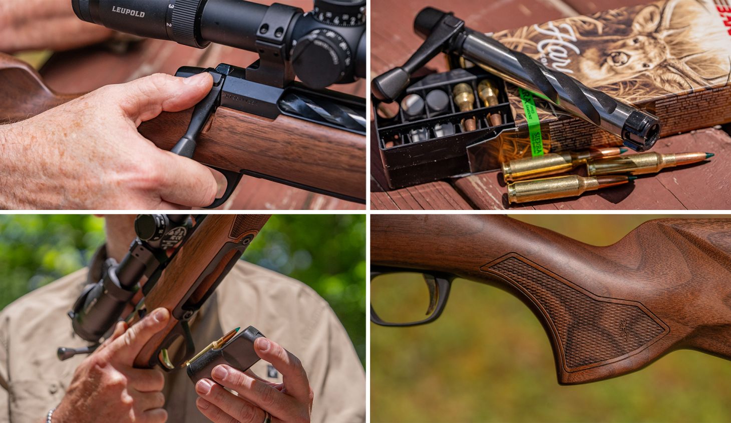 Closeup photos of the Browning X-Bolt 2 Hunter's action, bolt, magazine, and checkering. 