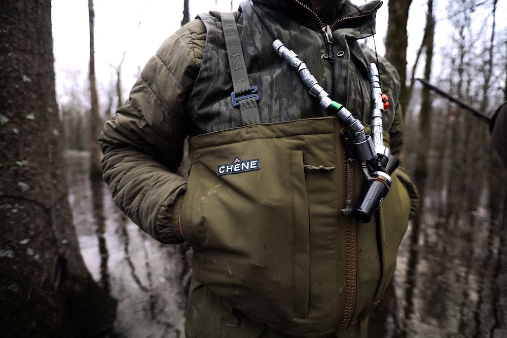 Close-up of hunter wearing Chene Gear Waders