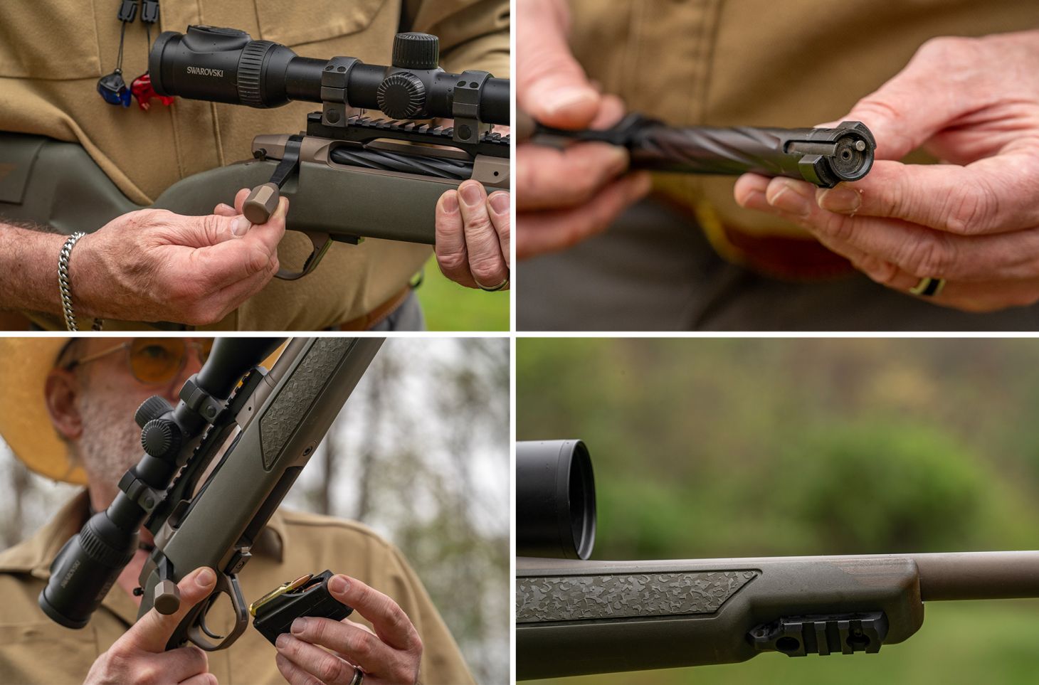 Closeup photos of the Christensen Arms Evoke's bolt hand, fluted two-lug bolt, detachable magazine, and forend Picatinny rail. 