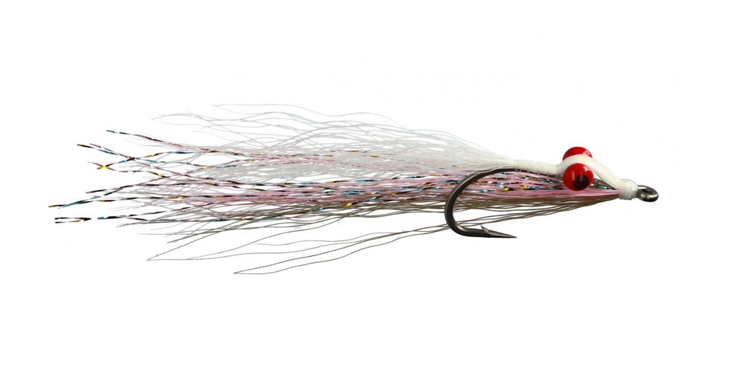 A Clouser Minnow streamerfly on a white background. 