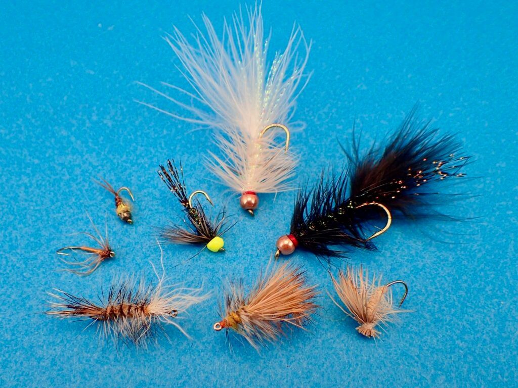 Collection of fishing flies on a blue background.