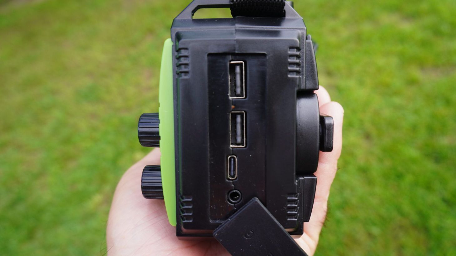 Close-up of USB ports of Givoust Emergency Weather Radio