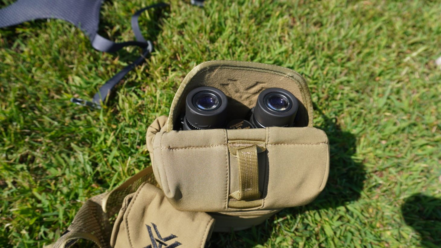 Binocular harness carrying a set of Nikon Pro Staff 10Ã—42 binoculars. 