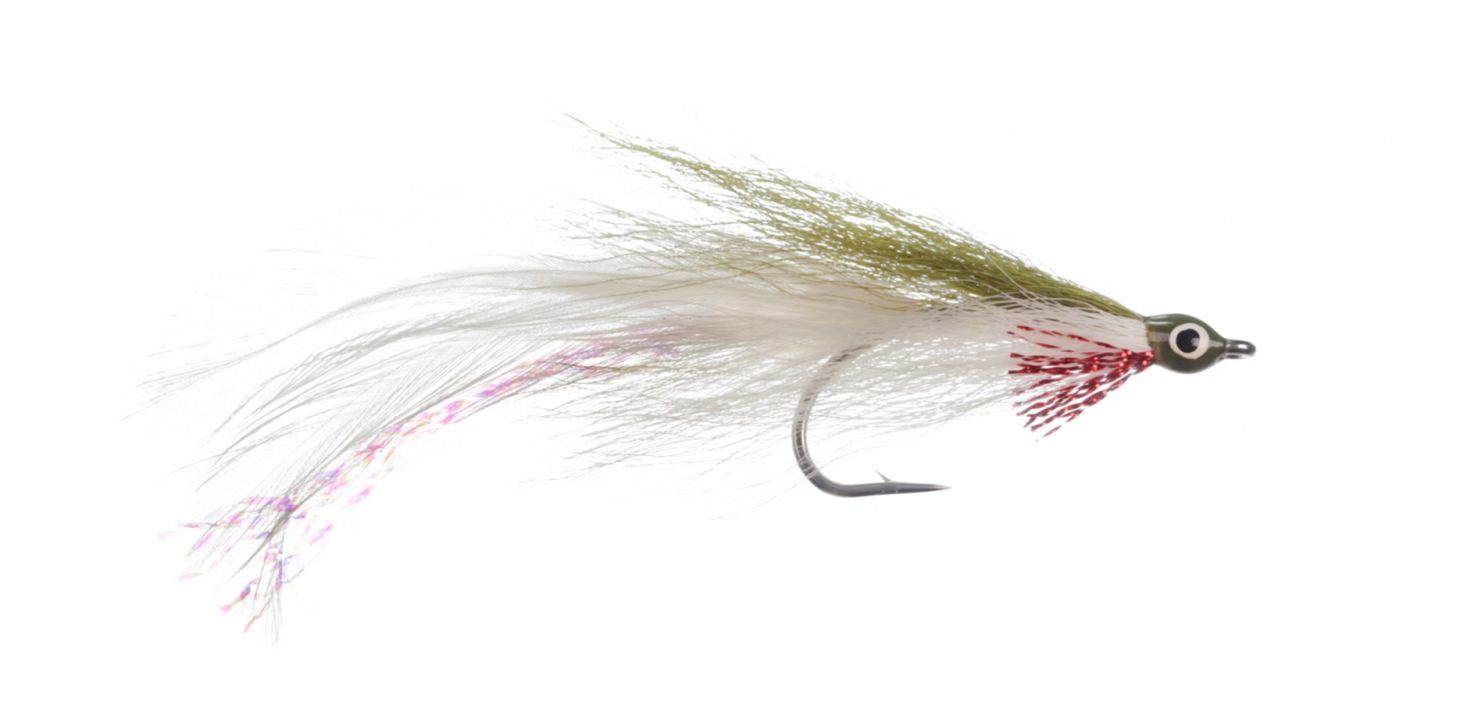 A Deceiver streamerfly on a white background.