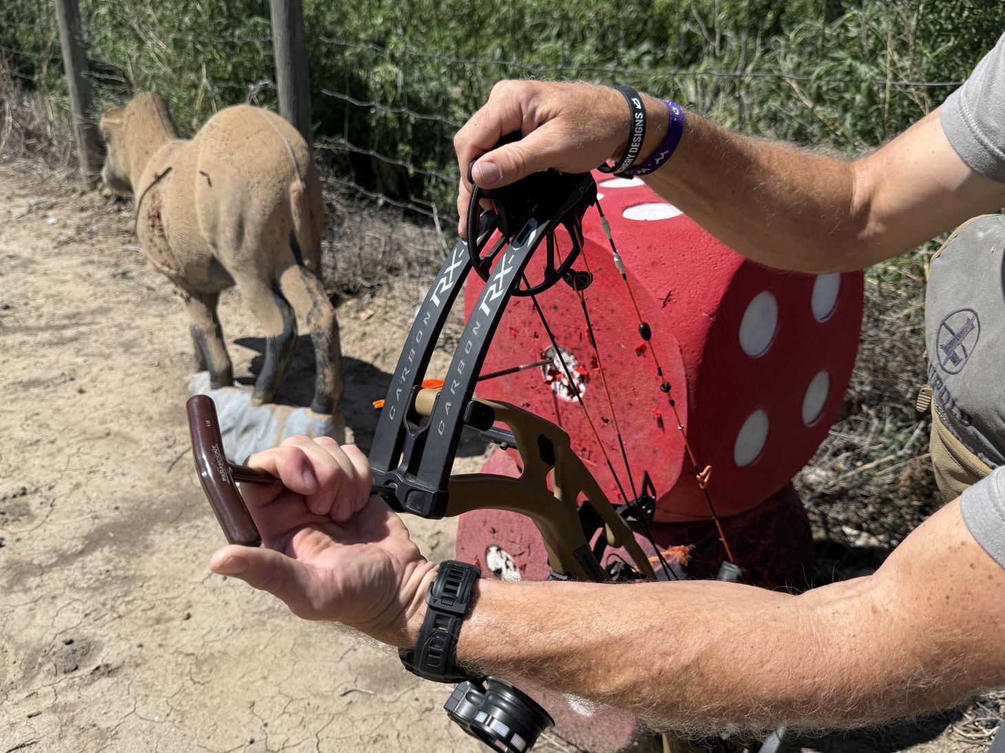 A draw weight scale showing 70.60 pounds on the Mathews Lift X compound bow. 