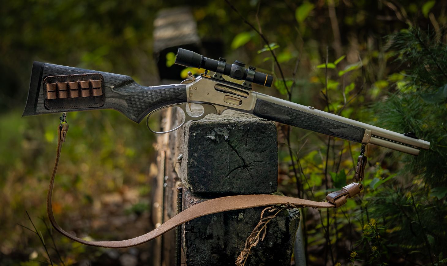 Marlin's new 1895 Trapper resting on a fence post. 