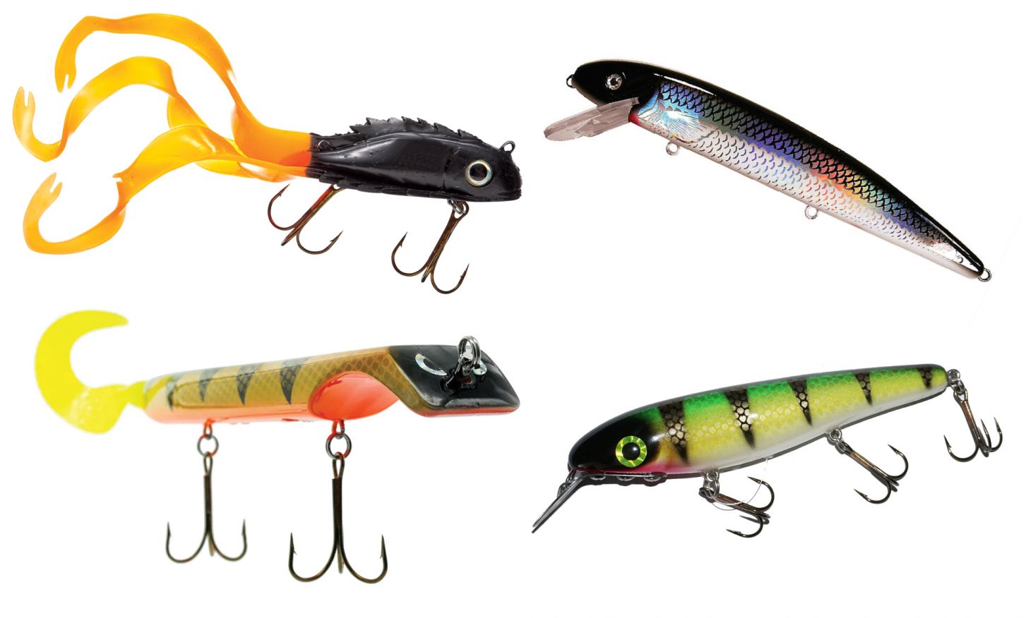 A group of four muskie lures on a white background. 