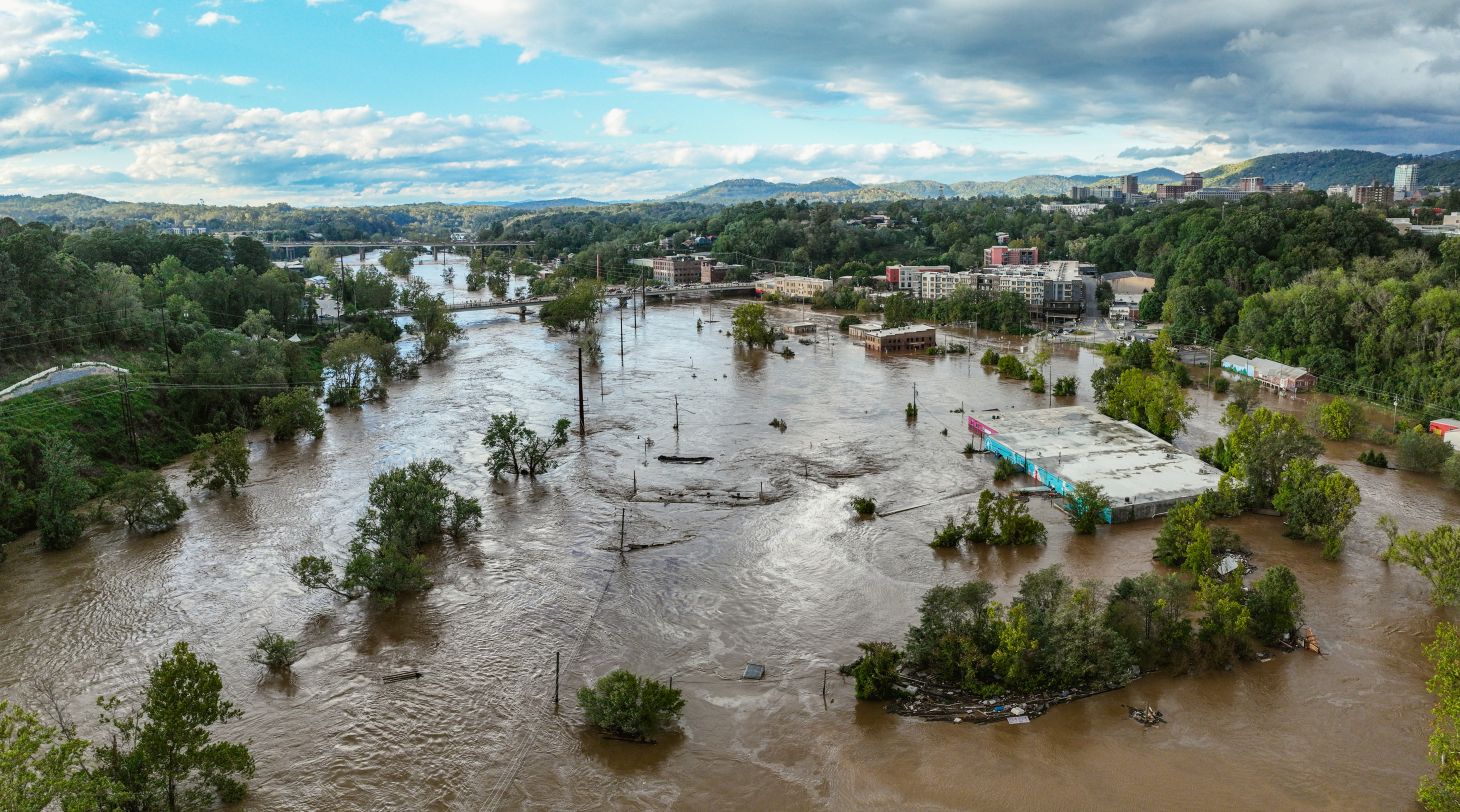 Aerial image of flooding in downtown Asheville