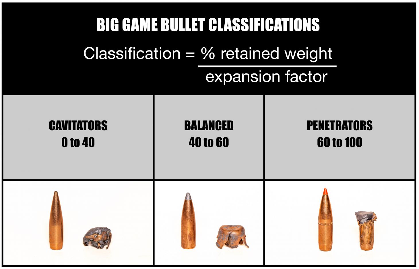 Chart showing three types of big game bullets. 