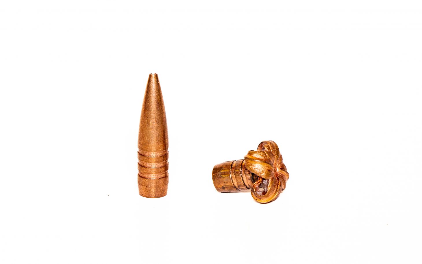 An unfired big game bullet next to a fired one, both on a white background. 