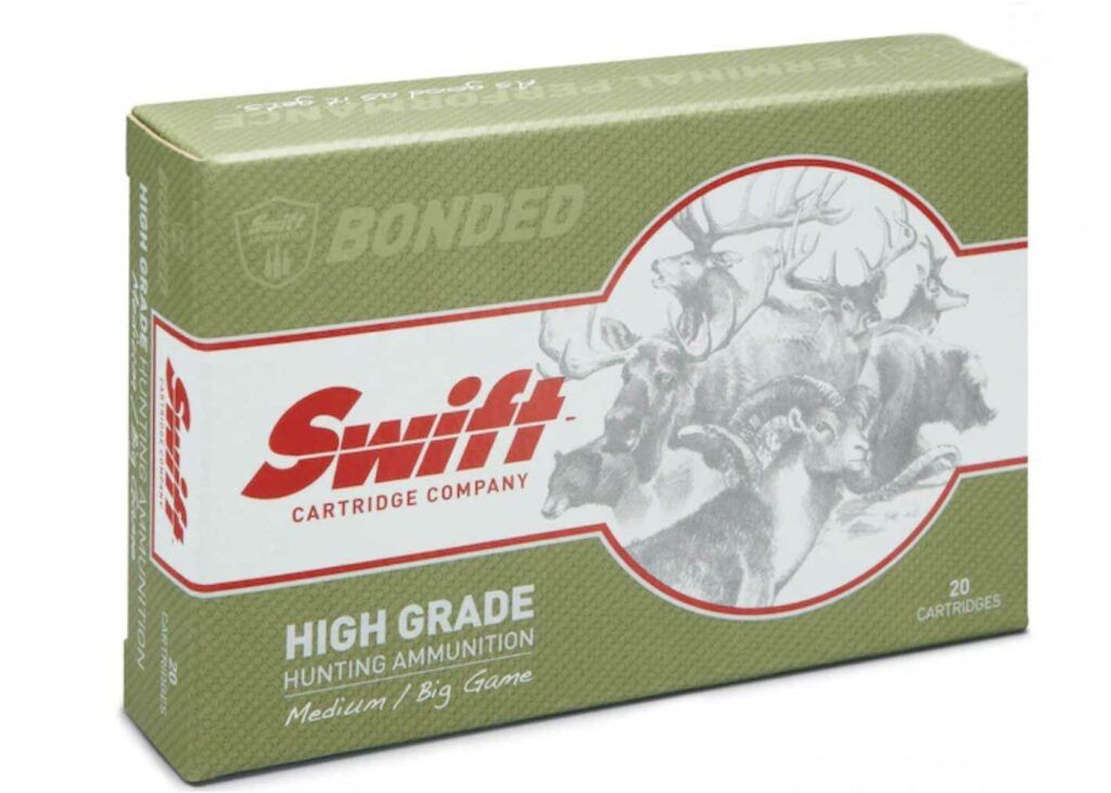 SwiftÃ¢€™s .338 Winchester Magnum, loaded with its 250-grain A-Frames.