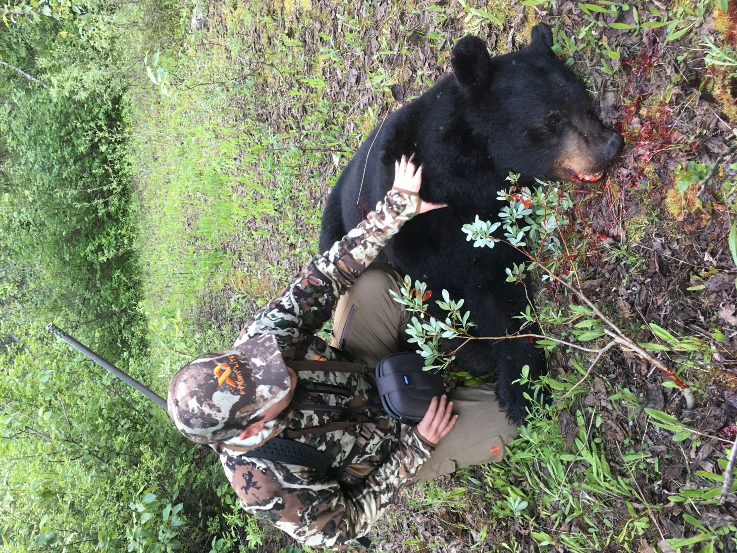 A hunter in camo clothing kneels beside a dead black bear