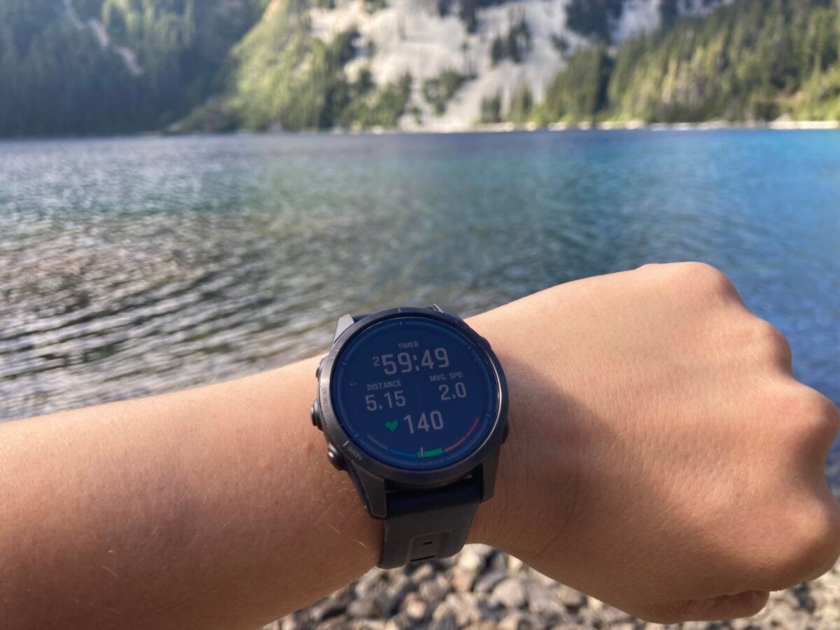 Female hiker wearing Garmin Epix Pro Gen 2 smartwatch during testing