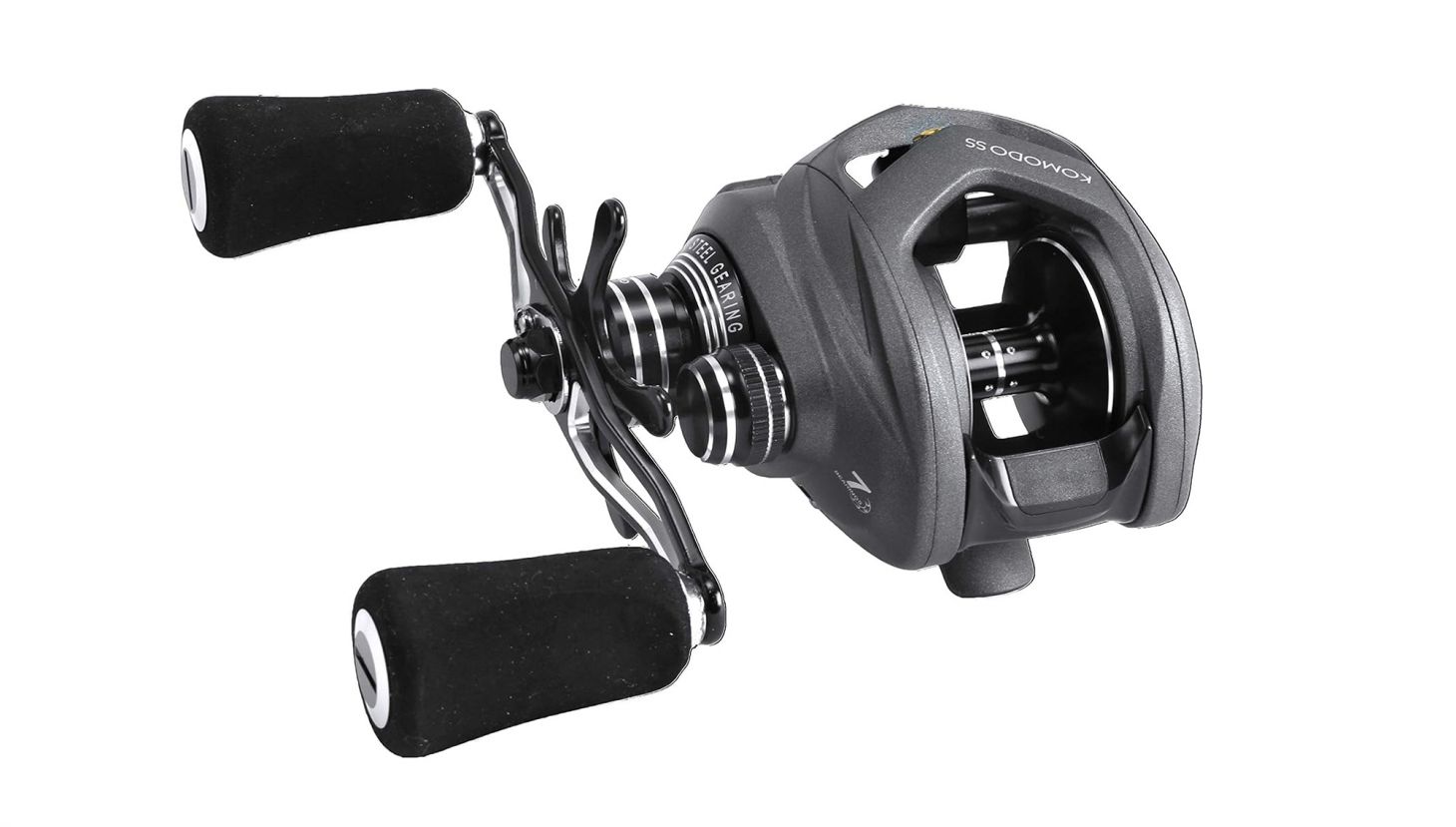 Okuma Komodo SS baitcasting reel on white background. 