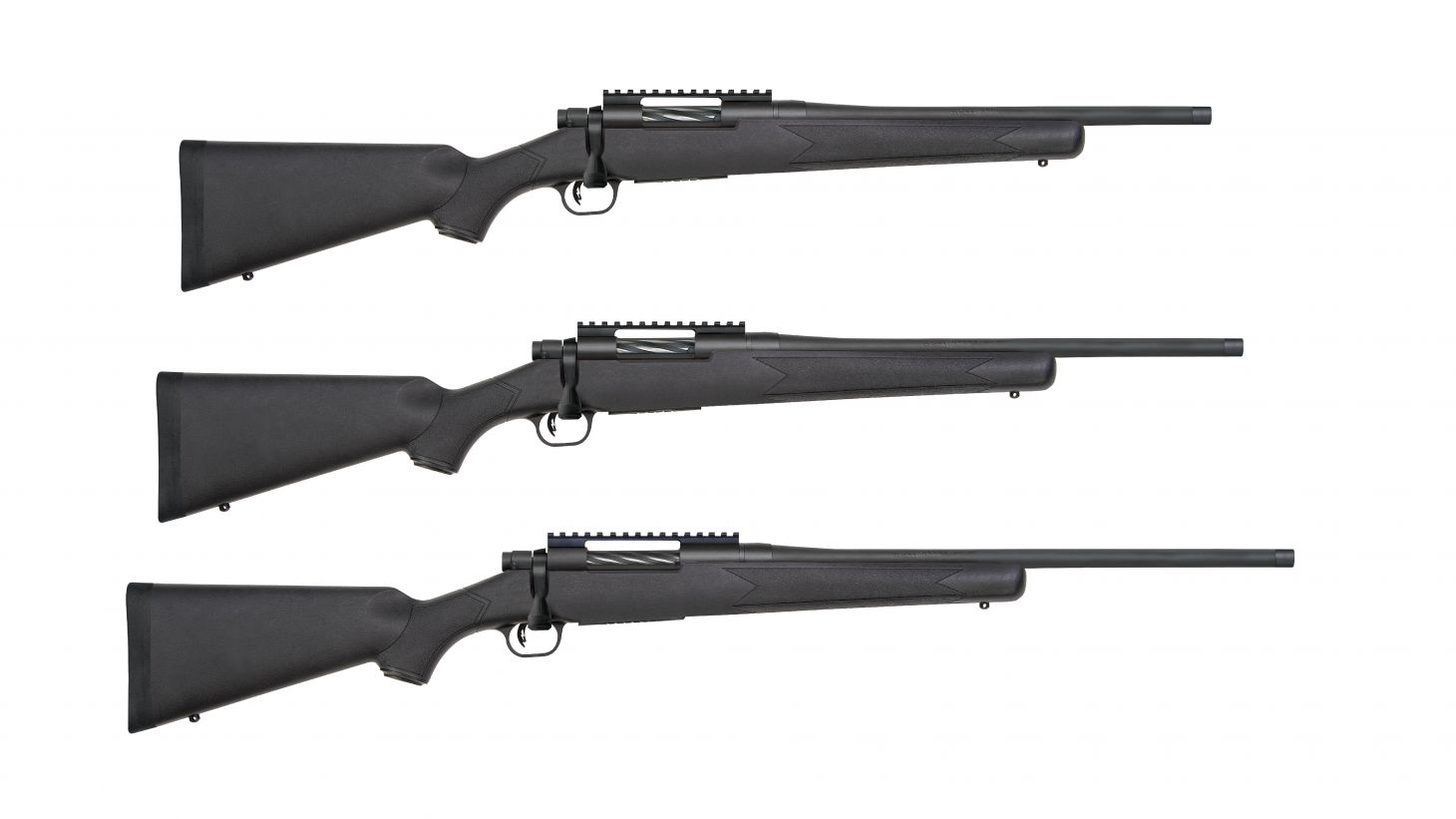 Three versions of the new Mossberg Patriot Carbine on a white background. 