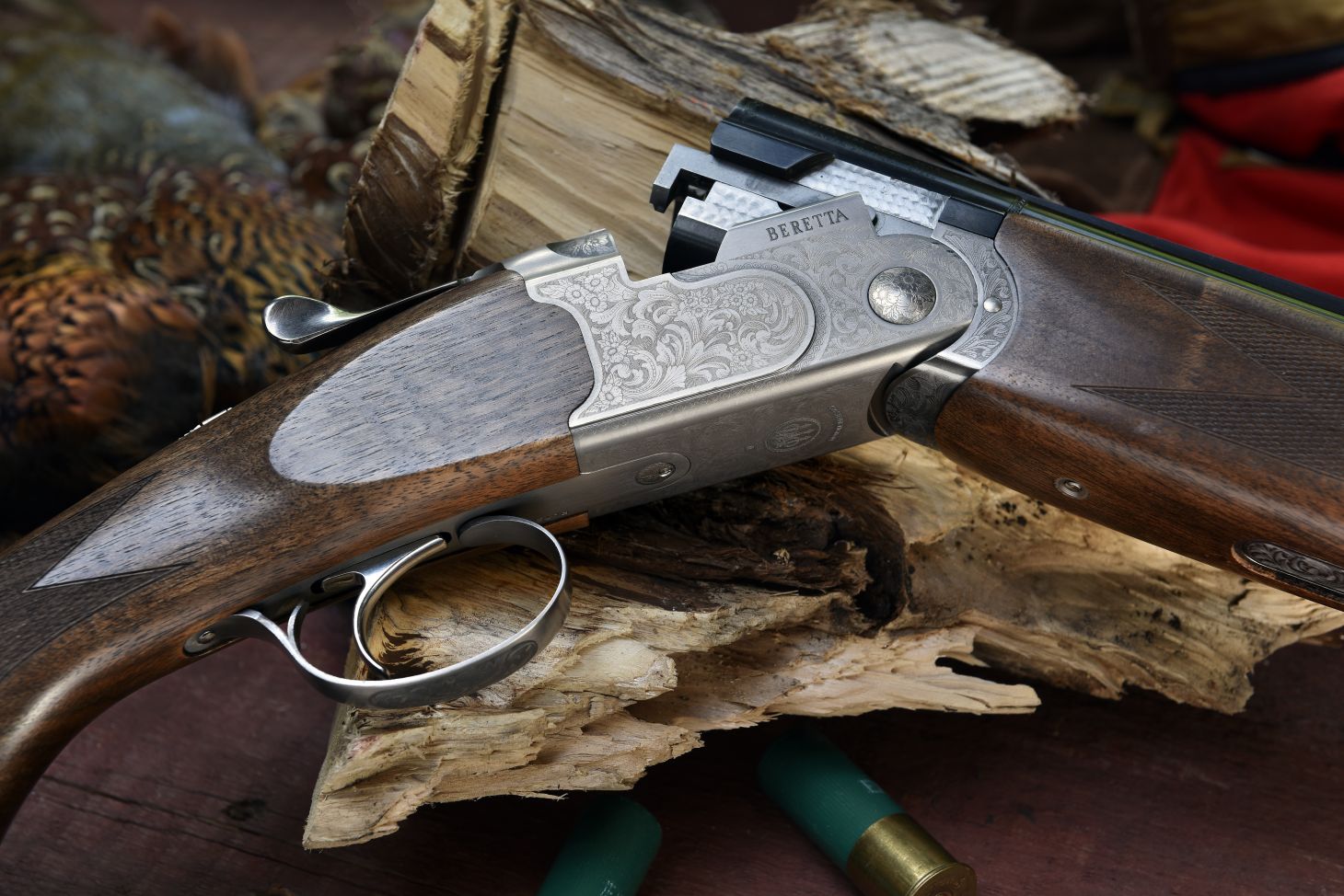 Closeup of the receiver of the Beretta 686 Silver Pigeon 1 shotgun. 