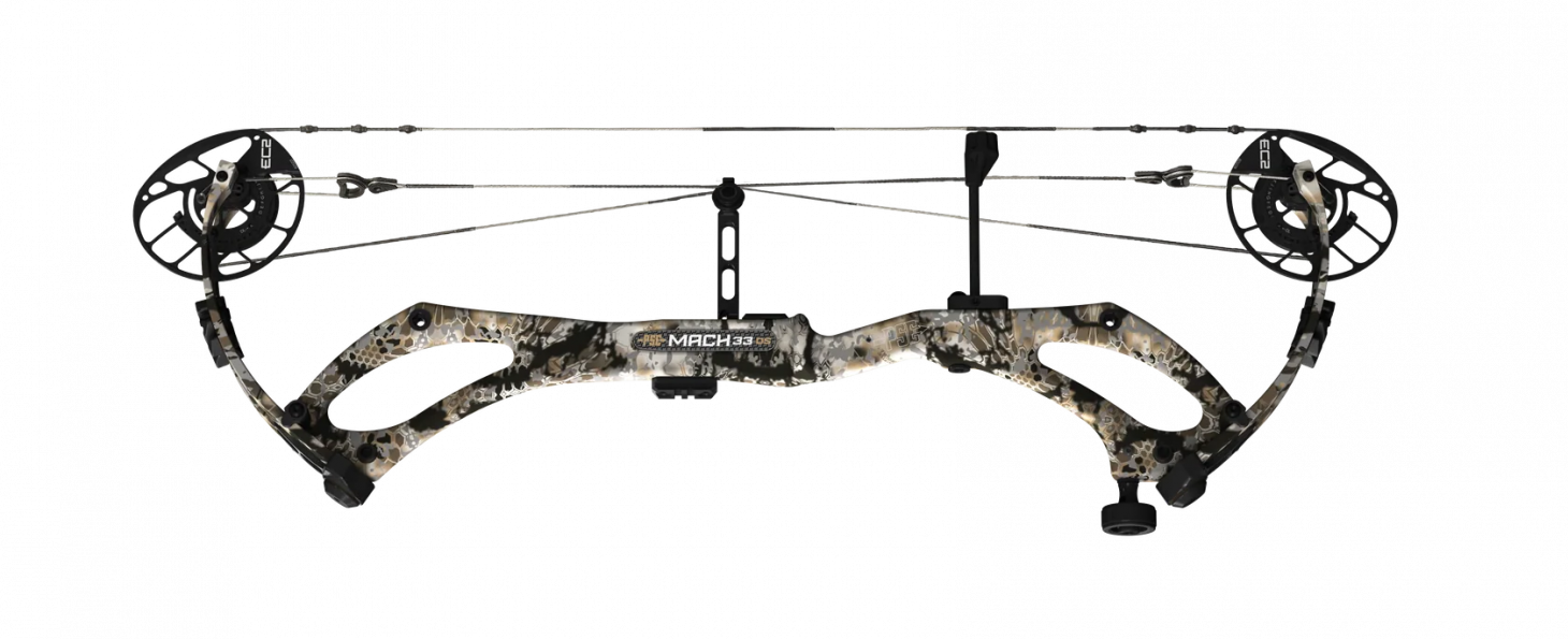 The new PSE Mach 33 DS carbon-riser compound bow on white background. 
