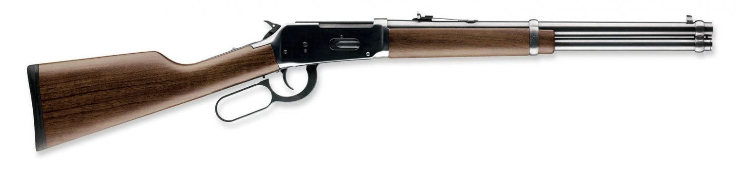 Winchester Model 94 Trapper lever-action rifle on a white background. 
