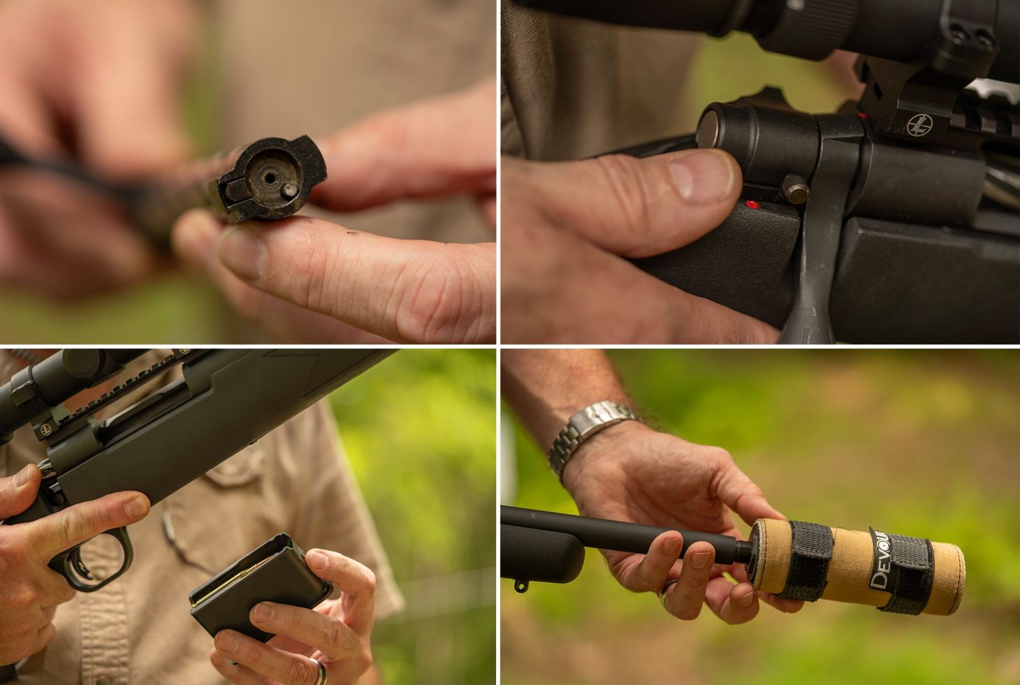Close-ups of the Mossberg Patriot Predator SF's bolt, safety, magazine, and threaded muzzle.