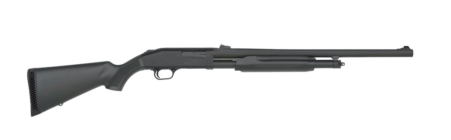 The new Mossberg M500 Slugster pump shotgun on a white background. 