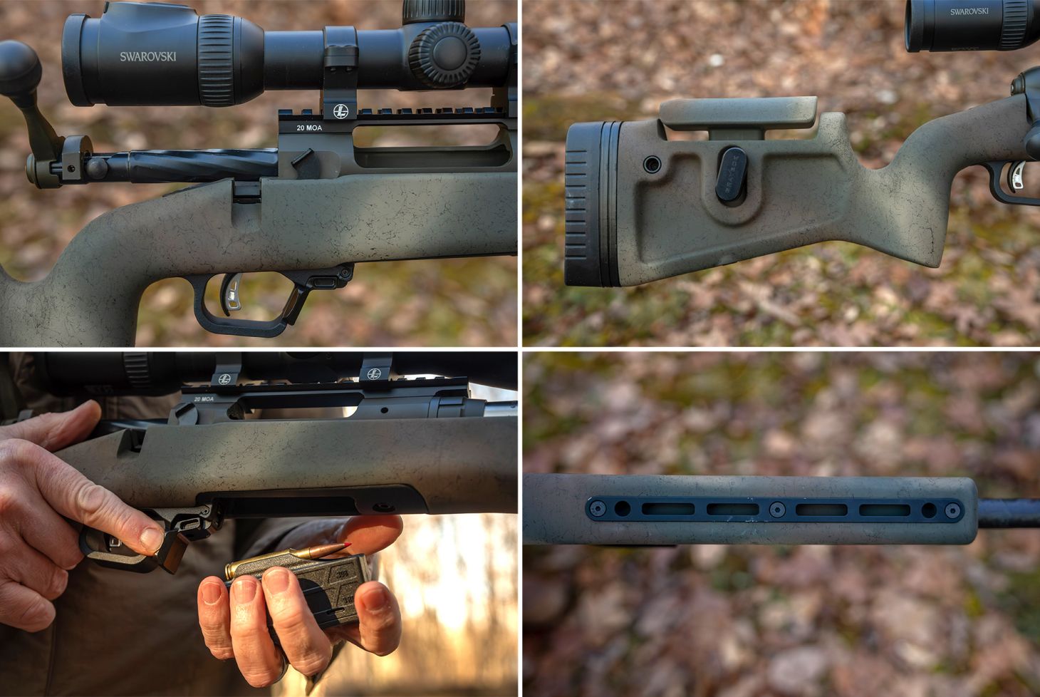 Close-up photos of the Savage 110 PPR rifle's action, adjustable comb, detachable box magazine, and forend accessory system. 