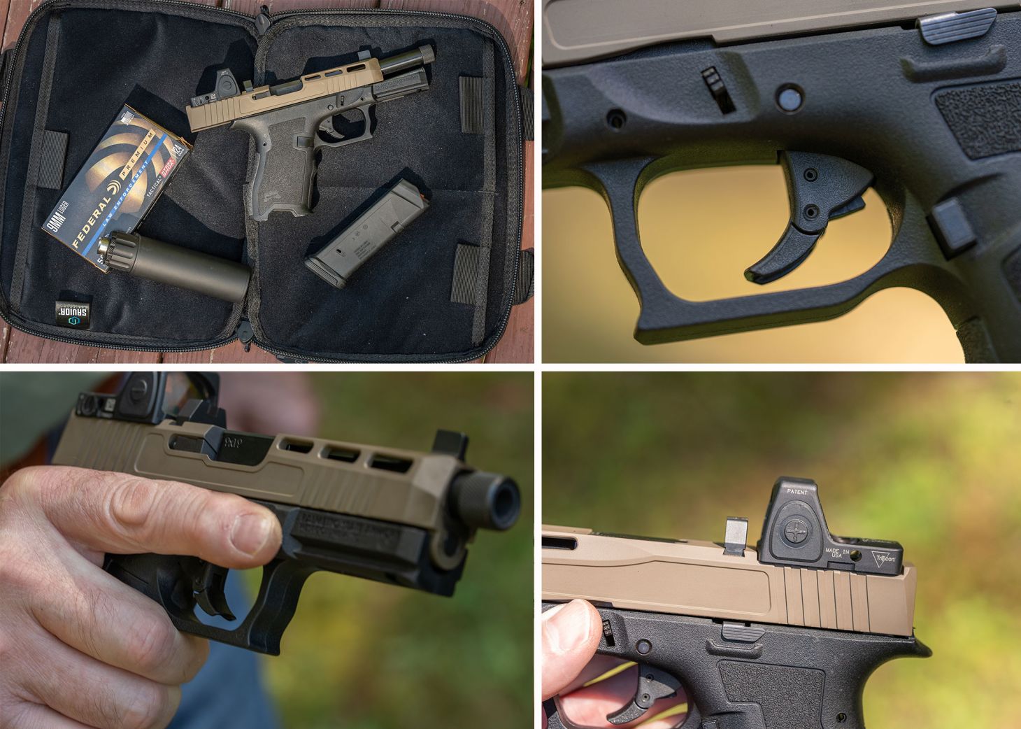 Closeup looks at the PSA Dagger's trigger, optics cut, slide, and magazine.