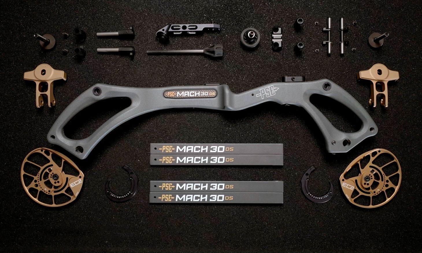 The PSE Mach 33 DS compound bow component on a black background. 