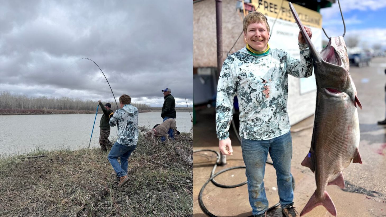 An angler poses with a record-breaking paddlefish. 