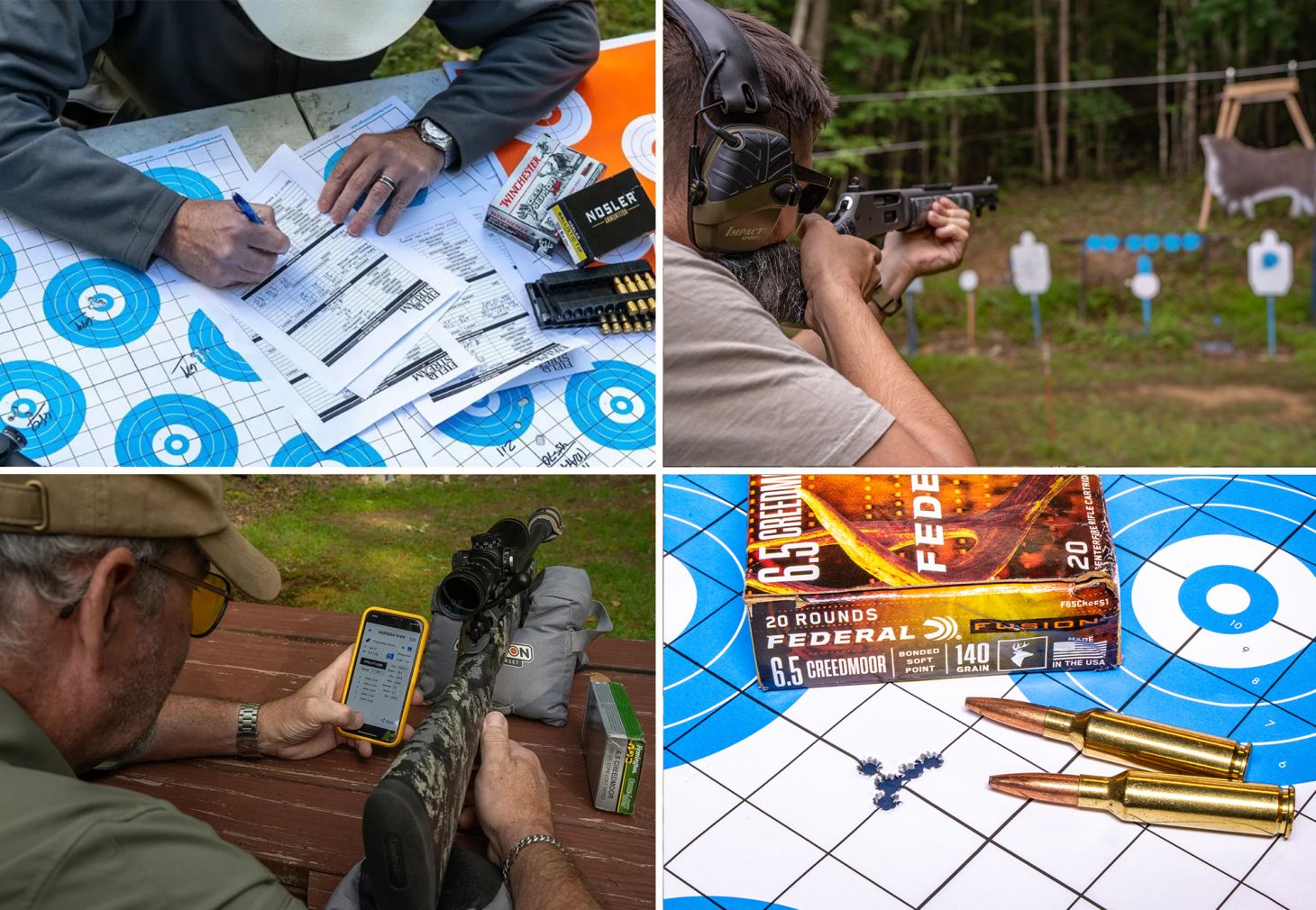 A grid of photos showing measuring rifle groups sizes, shooting at moving deer target, taking chronograph reading, and a tight group. 