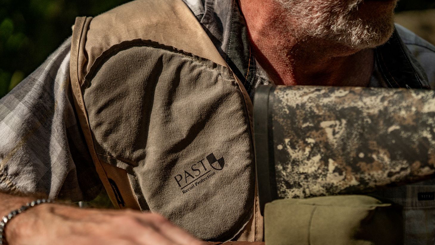 A closeup photo of a shooter's shoulder pad, used for reduce felt recoil. 