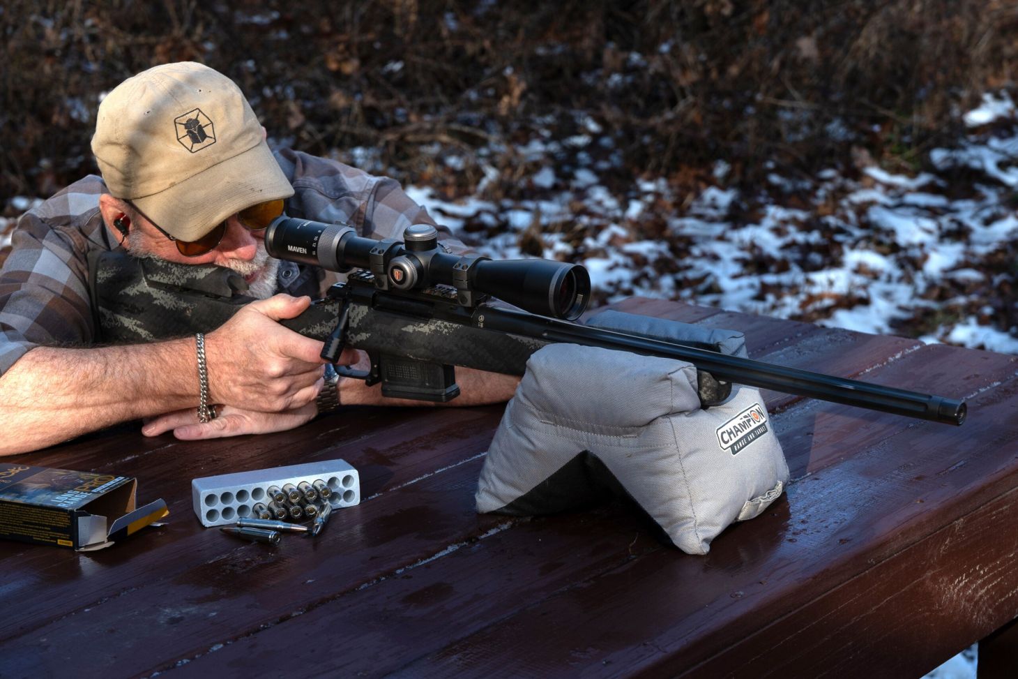 Shooter test fires the Aero Precision SOLUS Hunter rifle on a bench