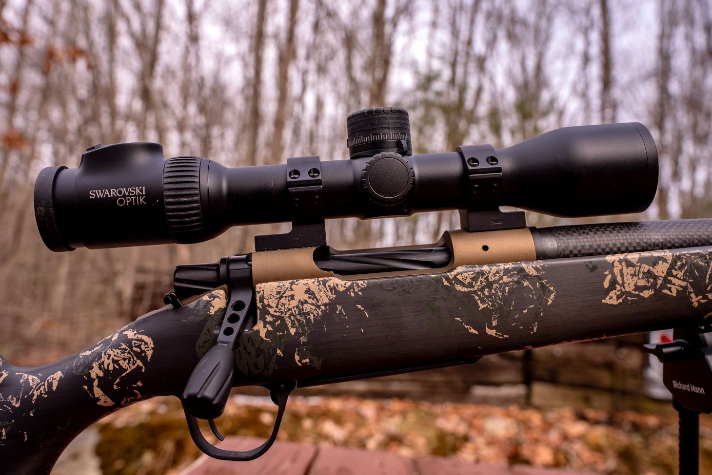 The Swarovski Z5i+ rifle scope mounted on a rifle. 