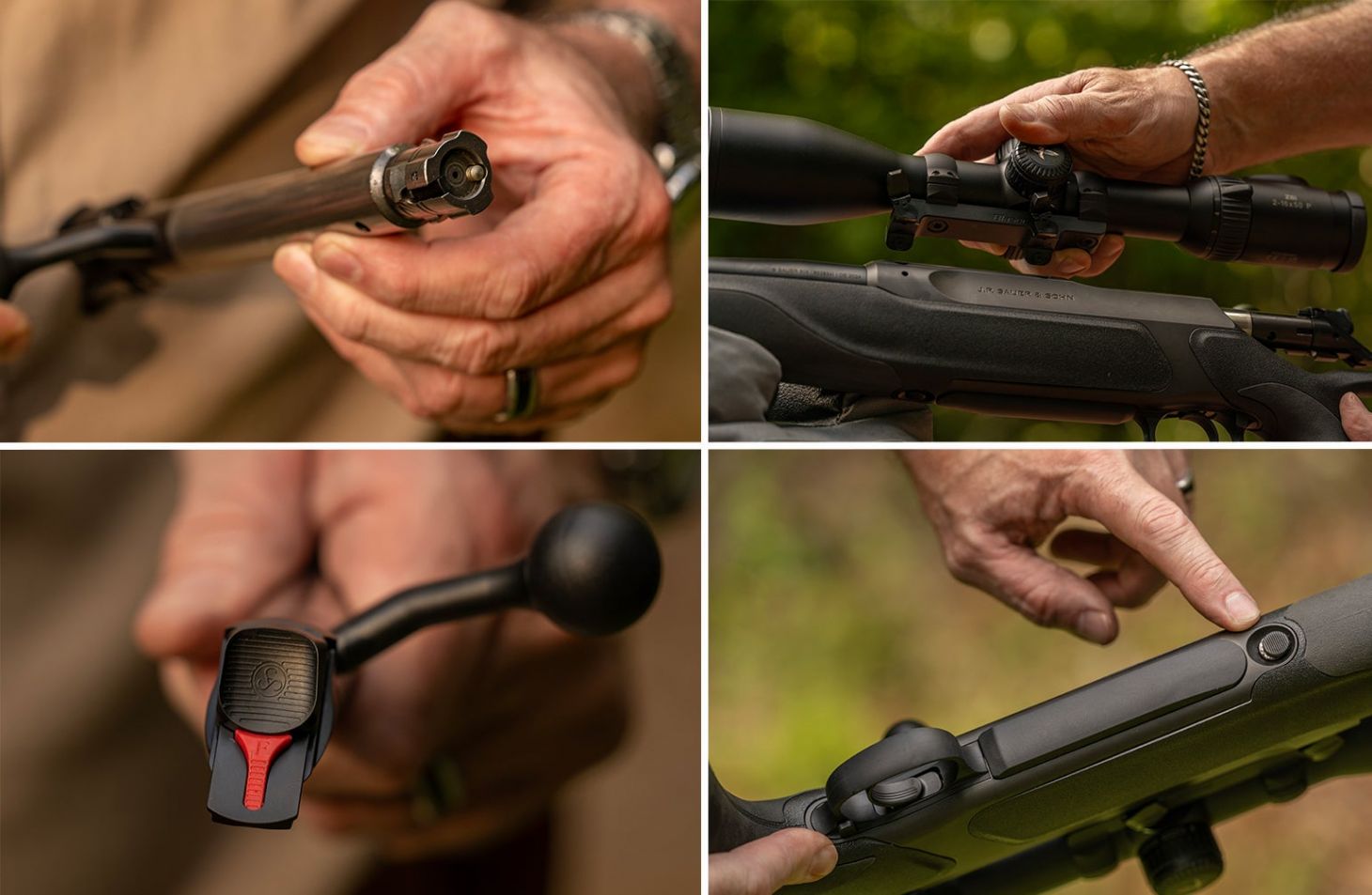 Detail photos of the new Sauer 505 rifle's bolt, scope mount, safety, and magazine release.